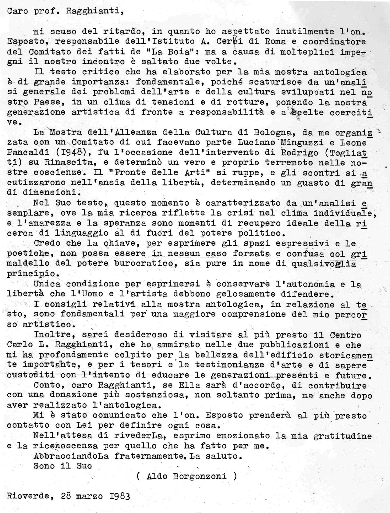 Da A. Borgonzoni a C.L. Ragghianti, 28 giugno 1983, lettera dattiloscritta